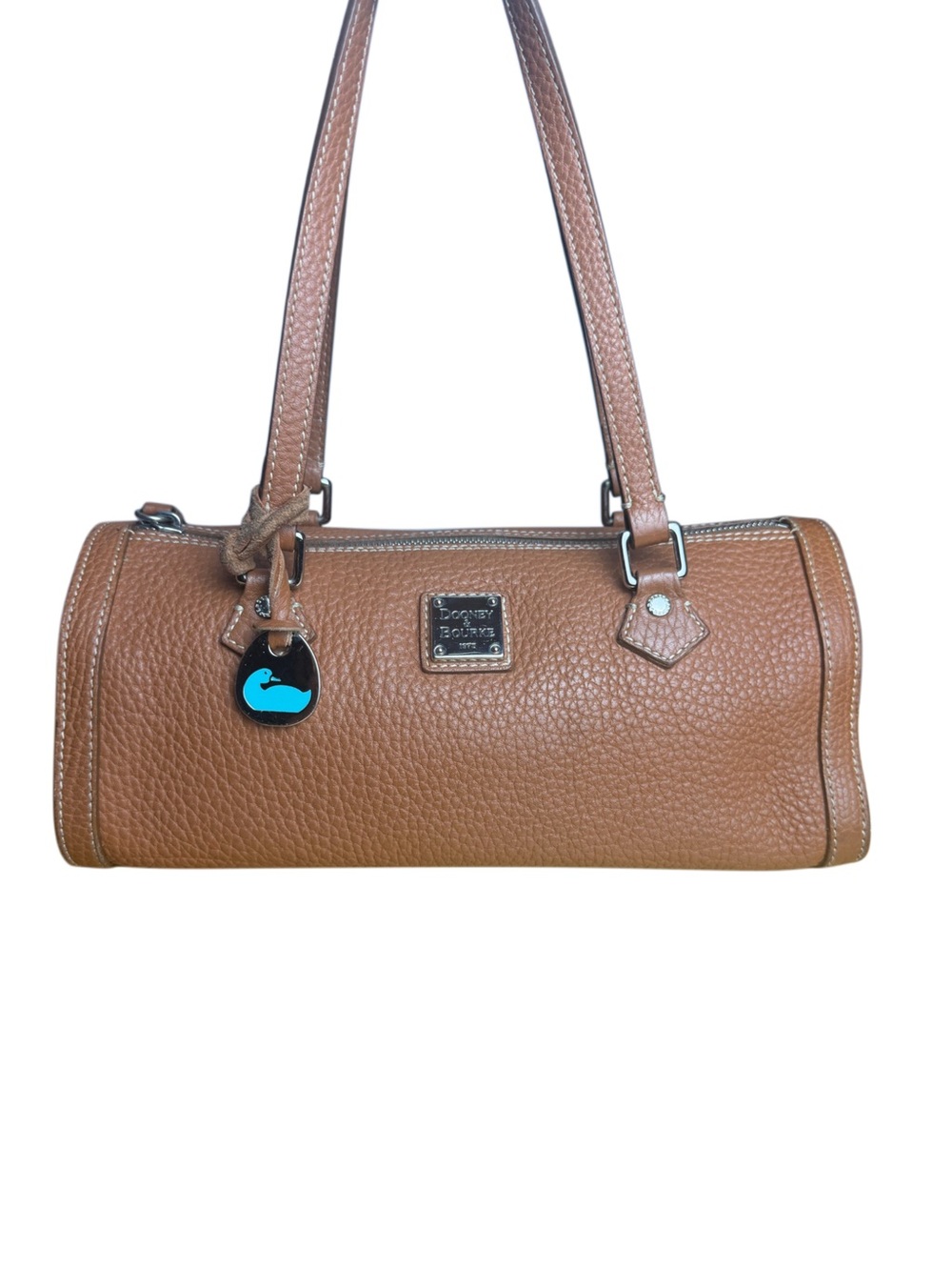 Vintage Dooney & Bourke Pebbled Leather Barrel Bag Cognac Brown Duck Medallion